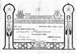 Свидетельство о членстве в Ордене Звезды Востока (Нидерландское отделение, 1917 г.)