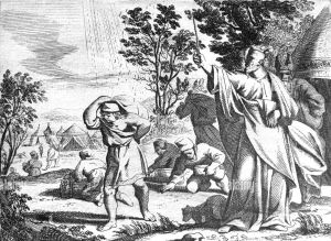 Гравюра из французской Библии 1683 года: Израильтяне собирают манну в пустыне