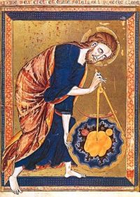 Эмблема Великого Архитектора Вселенной (циркуль над землёй) из Bible Moralisée, созданной во Франции (вероятно, в Париже) примерно в 1220–1230-х годах.