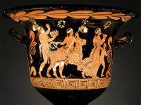 Древнегреческая ваза (кратер) с изображением процессии Диониса: , менады и леопарды, символизирующие экстаз и плодородие в мистериях