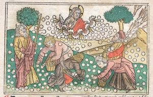 Нюрнбергская Библия: Манна, падающая с небес (1400-е годы)