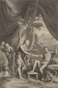 Исав продаёт право первородство за чечевичную похлёбку. Художник —  Джерарда Хьюэтта, 1728 г.